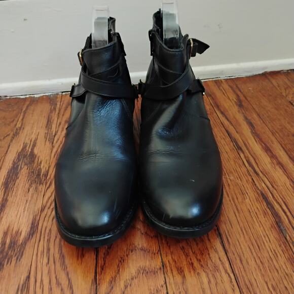 Steve Madden Black Ringo Leather Ankle Boots Size 8M Gold Braid 1in Biker Combat - Picture 4 of 17